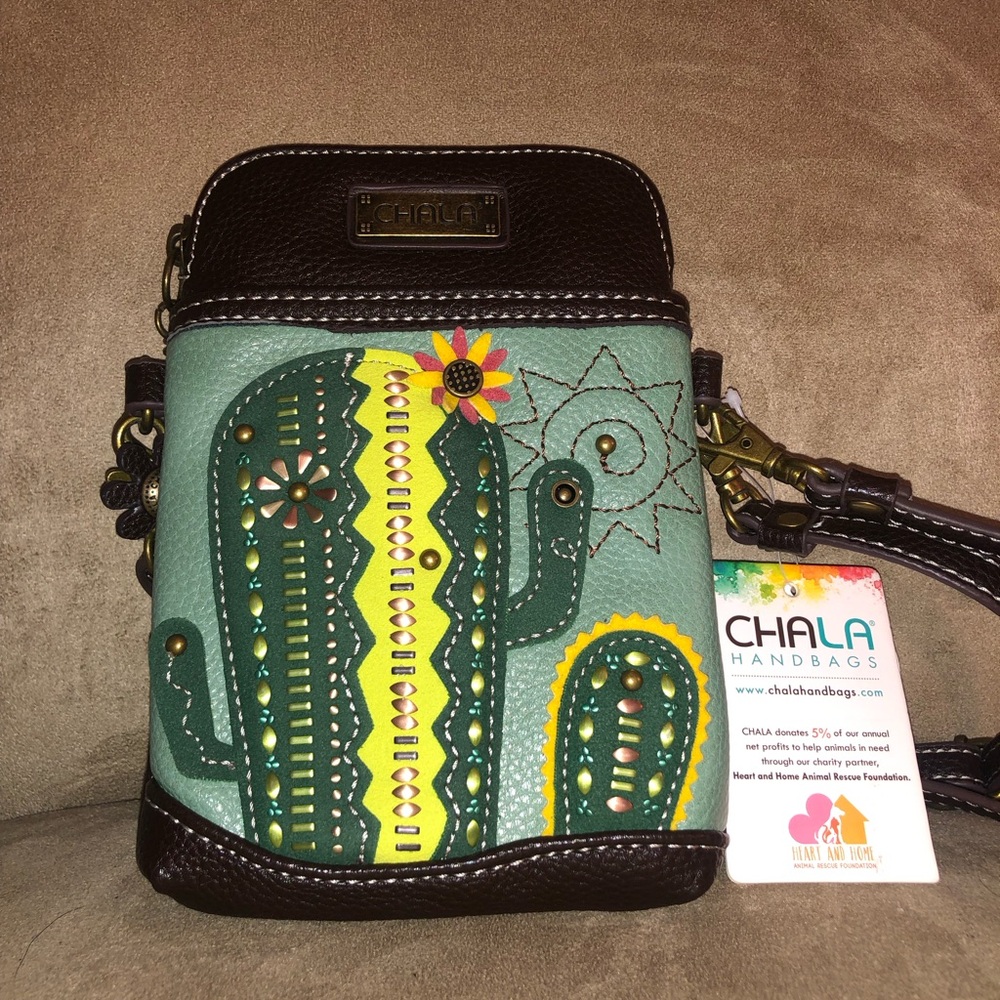 Green and Black Crossbody Bag with Cactus Design